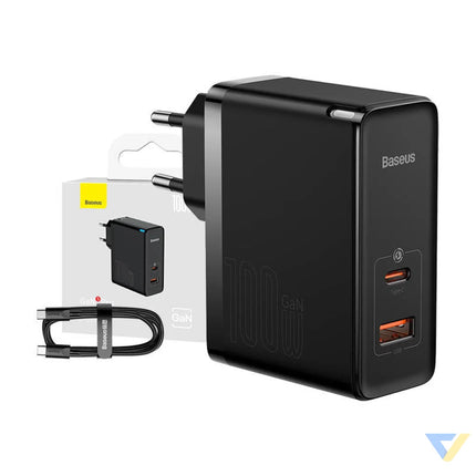 Wall charger Baseus GaN USB C + USB 100W + 1m cable (black) mains chargers