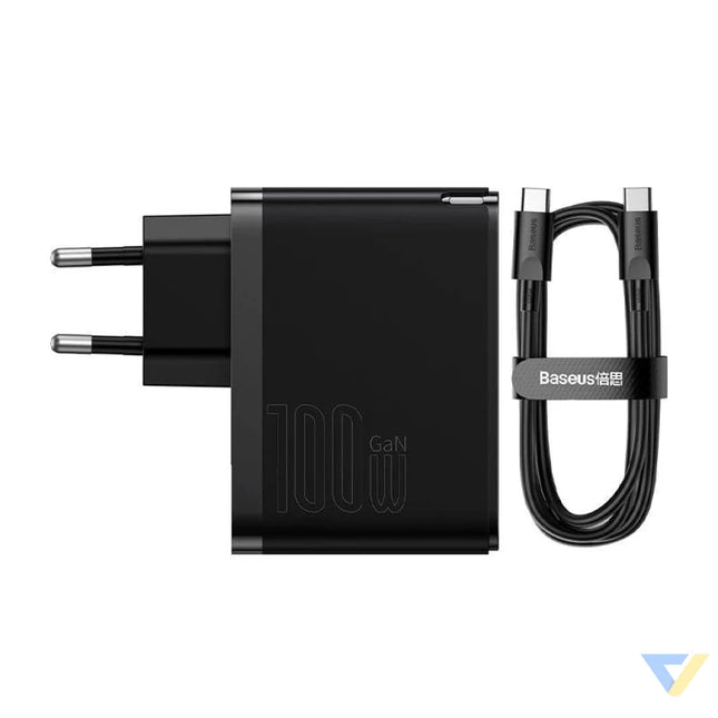 Wall charger Baseus GaN USB C + USB 100W + 1m cable (black) mains chargers