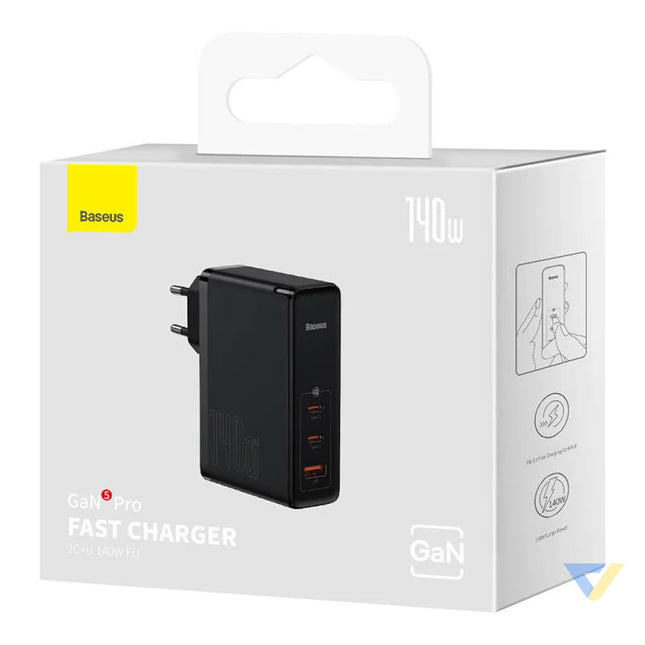 Wall charger Baseus GaN5 Pro 2xUSB C + USB 140W (black) mains chargers