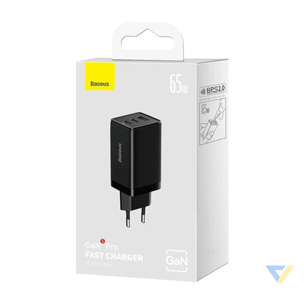 Wall charger Baseus GaN5 Pro 2xUSB C + USB 65W (black) mains chargers