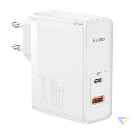 Wall charger Baseus GaN5 Pro USB C + USB 100W + 1m cable (white) mains chargers