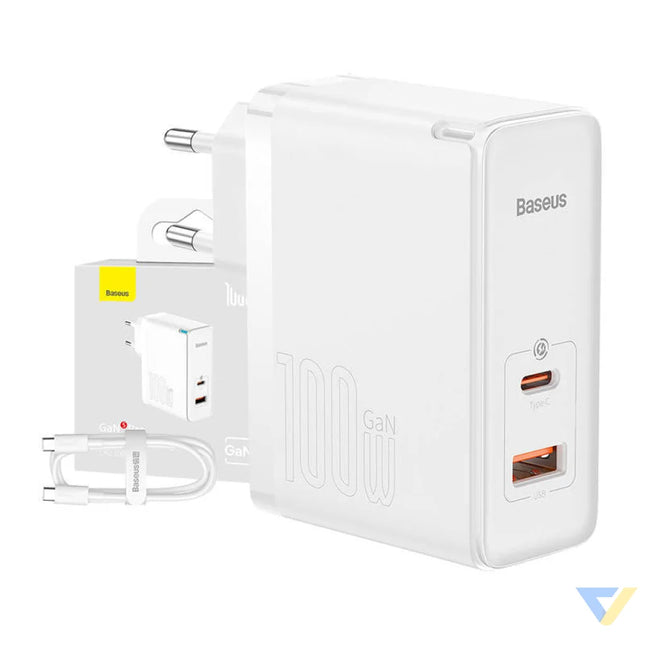 Wall charger Baseus GaN5 Pro USB C + USB 100W + 1m cable (white) mains chargers