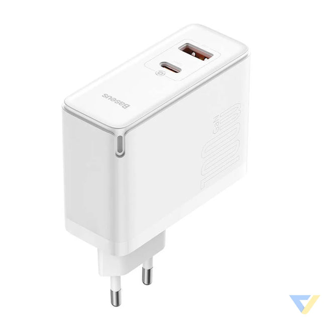 Wall charger Baseus GaN5 Pro USB C + USB 100W + 1m cable (white) mains chargers