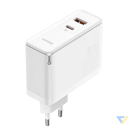 Wall charger Baseus GaN5 Pro USB C + USB 100W + 1m cable (white) mains chargers