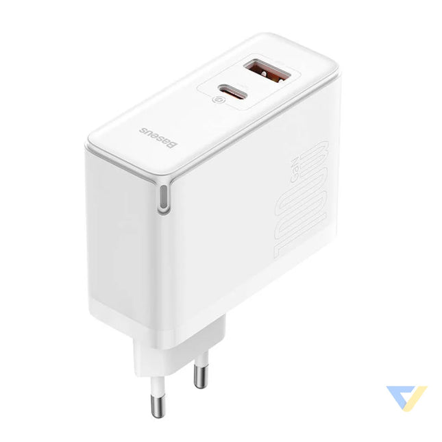 Wall charger Baseus GaN5 Pro USB C + USB 100W + 1m cable (white) mains chargers