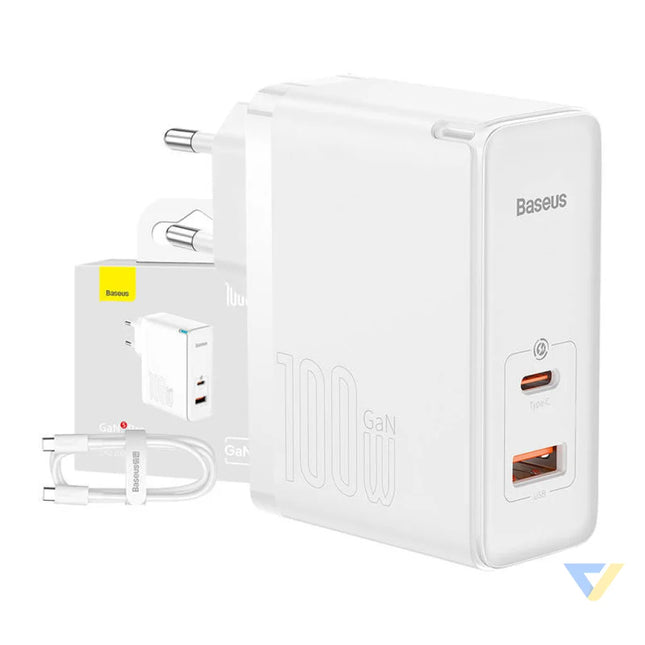 Wall charger Baseus GaN5 Pro USB C + USB 100W + 1m cable (white) mains chargers