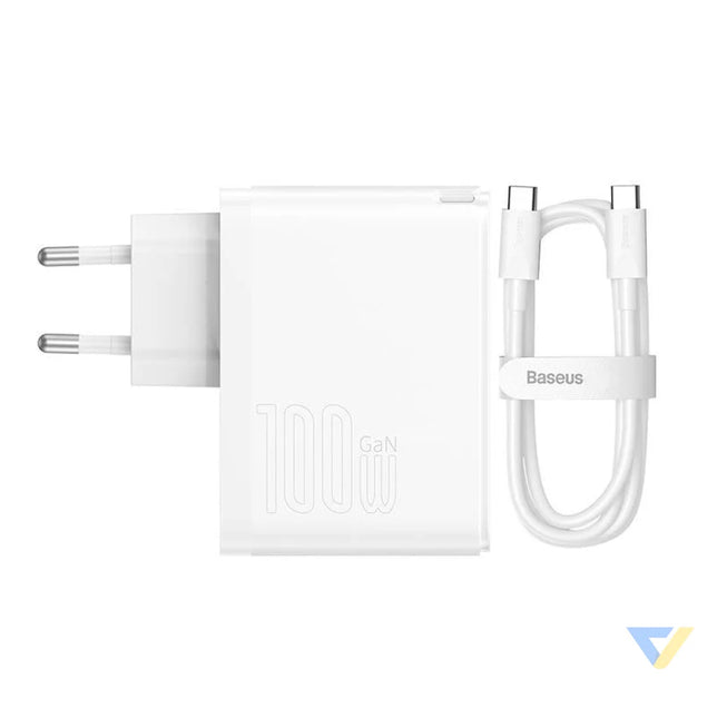 Wall charger Baseus GaN5 Pro USB C + USB 100W + 1m cable (white) mains chargers