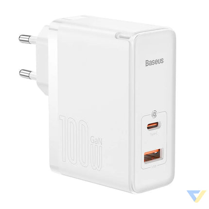 Wall charger Baseus GaN5 Pro USB C + USB 100W + 1m cable (white) mains chargers