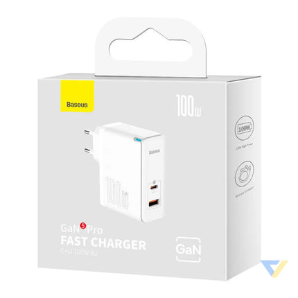 Wall charger Baseus GaN5 Pro USB C + USB 100W + 1m cable (white) mains chargers