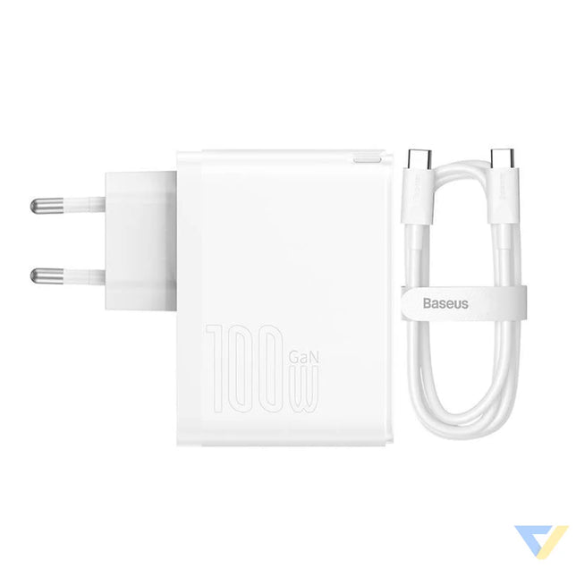 Wall charger Baseus GaN5 Pro USB C + USB 100W + 1m cable (white) mains chargers