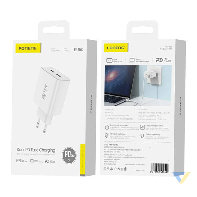 Wall charger Foneng EU50 PD 35W 2x USB C ports (white) mains chargers