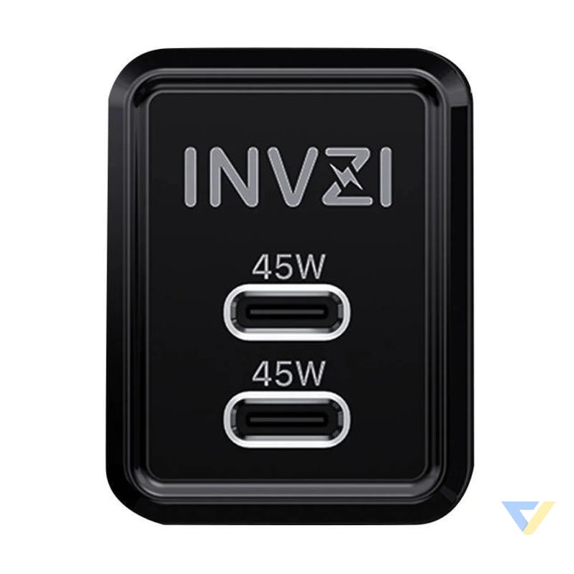 Wall charger INVZI GaN 2x USB C 45W EU (black) mains chargers