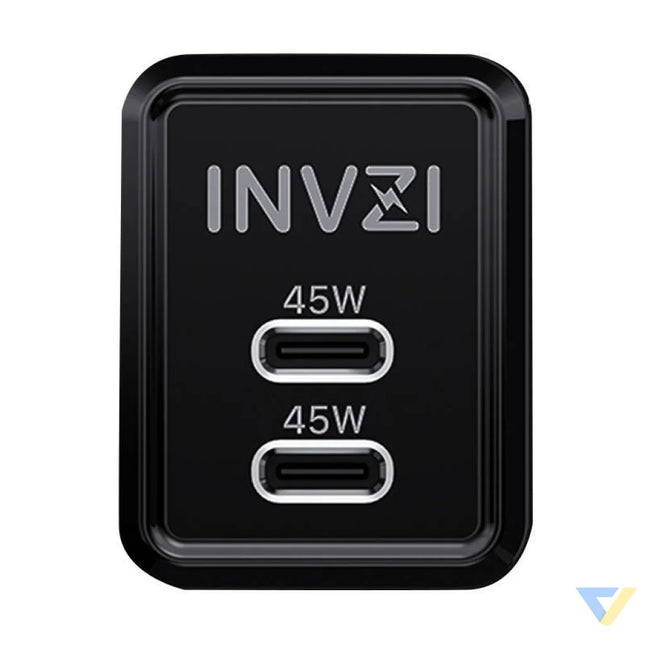 Wall charger INVZI GaN 2x USB C 45W EU (black) mains chargers