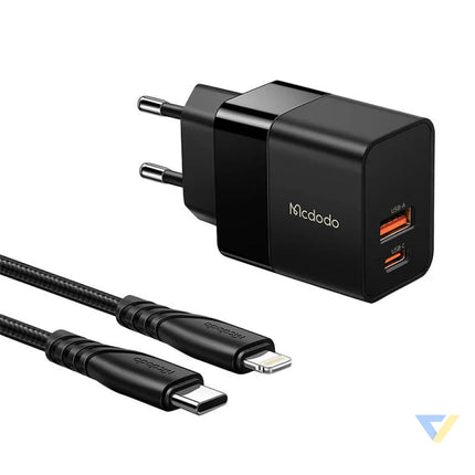 Wall charger Mcdodo CH 1952 USB + USB C 20W + USB C to Lightning cable (black) mains chargers