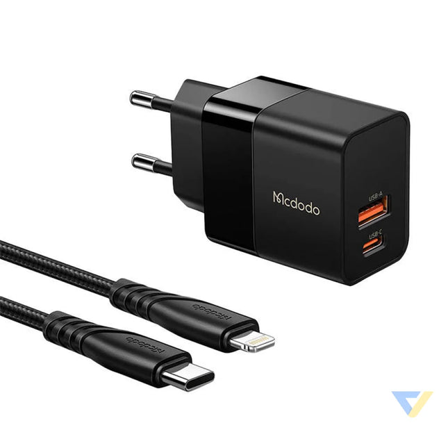 Wall charger Mcdodo CH 1952 USB + USB C 20W + USB C to Lightning cable (black) mains chargers
