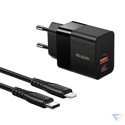 Wall charger Mcdodo CH 1952 USB + USB C 20W + USB C to Lightning cable (black) mains chargers