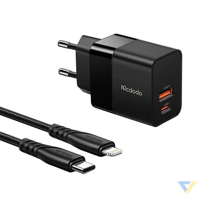 Wall charger Mcdodo CH 1952 USB + USB C 20W + USB C to Lightning cable (black) mains chargers
