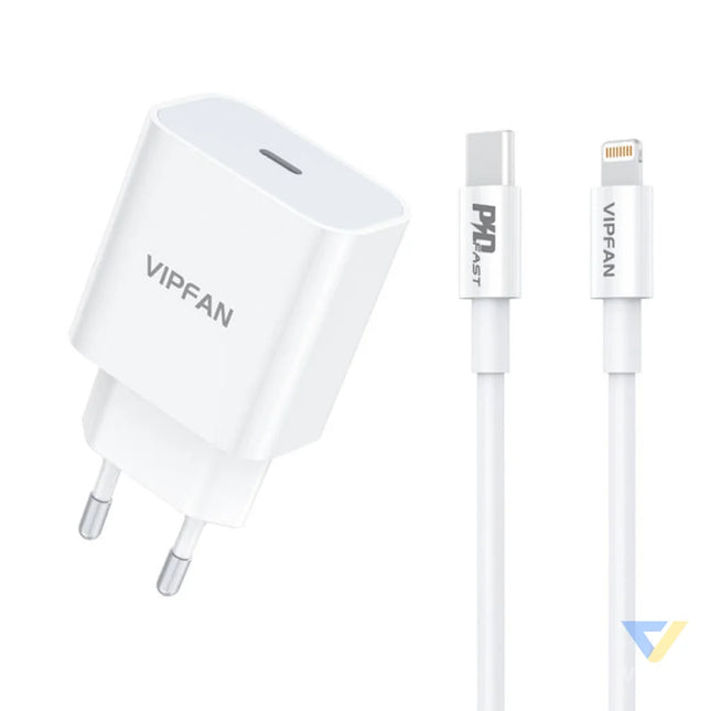 Wall charger VFAN E04 USB C 20W QC 3.0 + Lightning cable (white) mains chargers