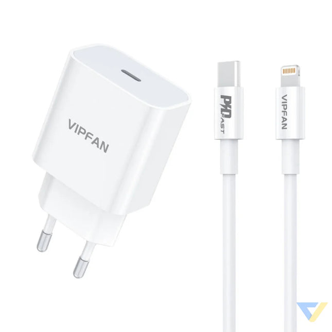 Wall charger VFAN E04 USB C 20W QC 3.0 + Lightning cable (white) mains chargers